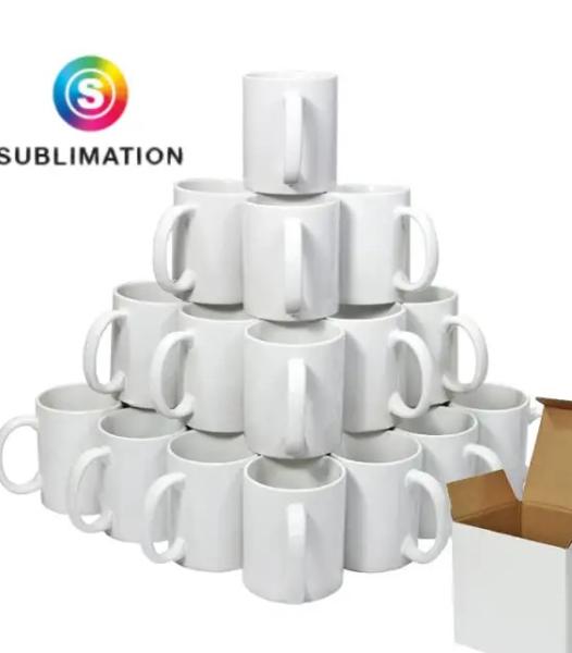 Tasses à sublimation en céramique de 350 ml - blanches, personnalisables, présentées dans une boîte kraft